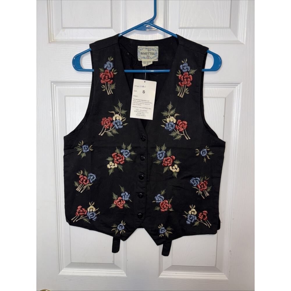 Vtg Embroidered Black Vest Women's S by Rosettes Flowers v-1201